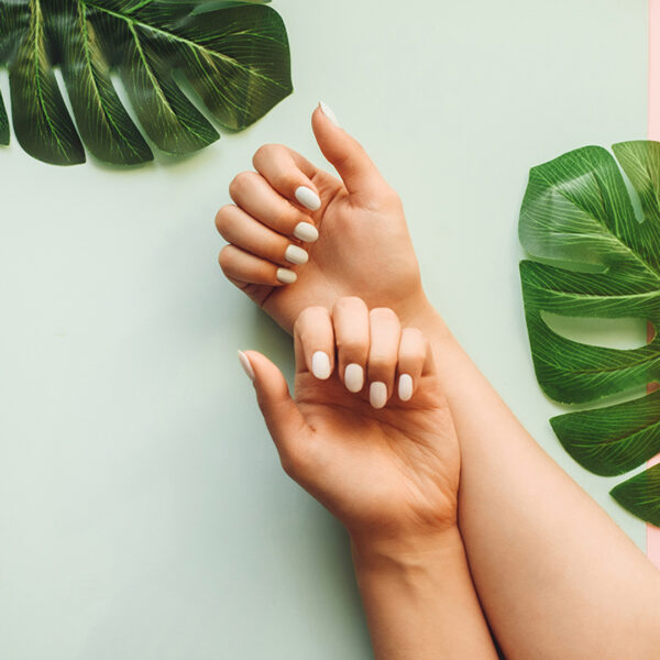 Pastel Manicure On A Blue And Pink Background With Palm Leaves. Tropical Background With Woman's Hands